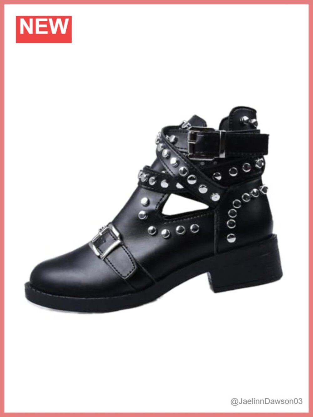 Faux Leather Studded Buckle Strap Ankle Boots Low Block Heel